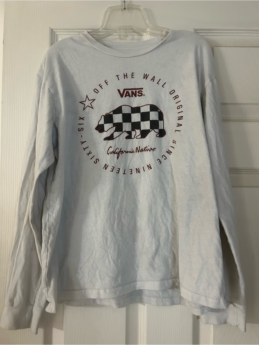 Vans White Long-Sleeve Tee with Maroon Checker Bear Graphic
